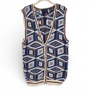 Vintage Northern Isles Hand Knit Geometric Sweater Vest Blue Brown Size L Chunky